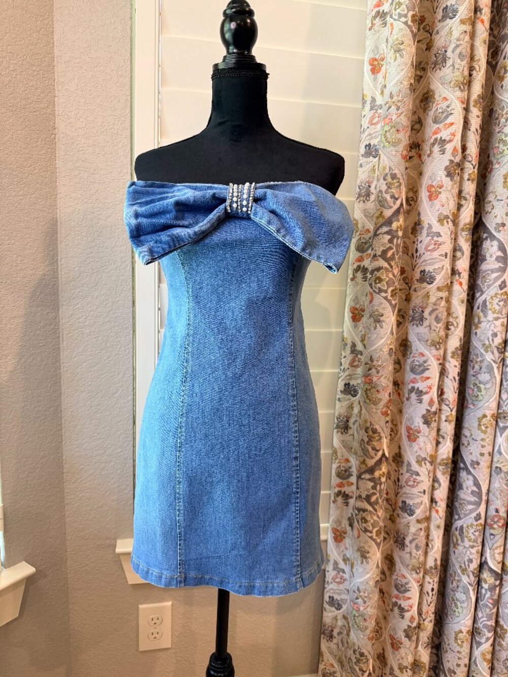 Demin Strapless Bow Detailed Dress